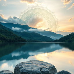 A serene and tranquil landscape that embodies the essence of calm and mindfulness, featuring a peaceful mountain scenery with soft clouds and a gentle sunrise illuminating the sky