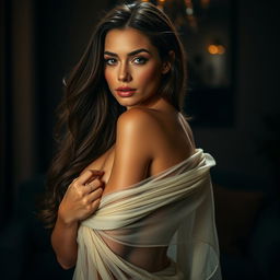 A stunning, confident woman posed seductively, showcasing her natural beauty and alluring figure