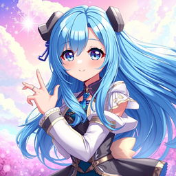 A vibrant and colorful digital painting of a blue-haired anime girl, featuring long flowing hair that cascades over her shoulders