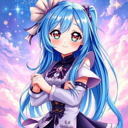 A vibrant and colorful digital painting of a blue-haired anime girl, featuring long flowing hair that cascades over her shoulders