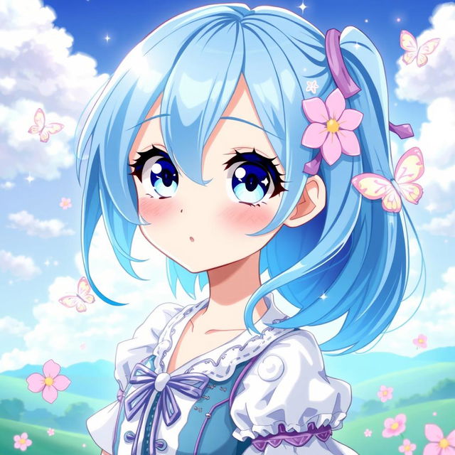 A captivating digital art piece of a blue-haired anime girl, featuring vibrant shades of blue in her hair that cascade down her shoulders