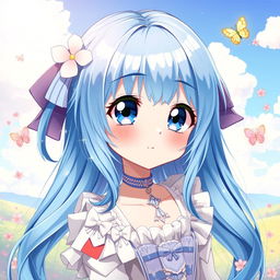 A captivating digital art piece of a blue-haired anime girl, featuring vibrant shades of blue in her hair that cascade down her shoulders