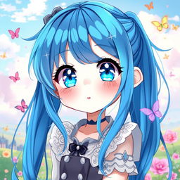 A captivating digital art piece of a blue-haired anime girl, featuring vibrant shades of blue in her hair that cascade down her shoulders