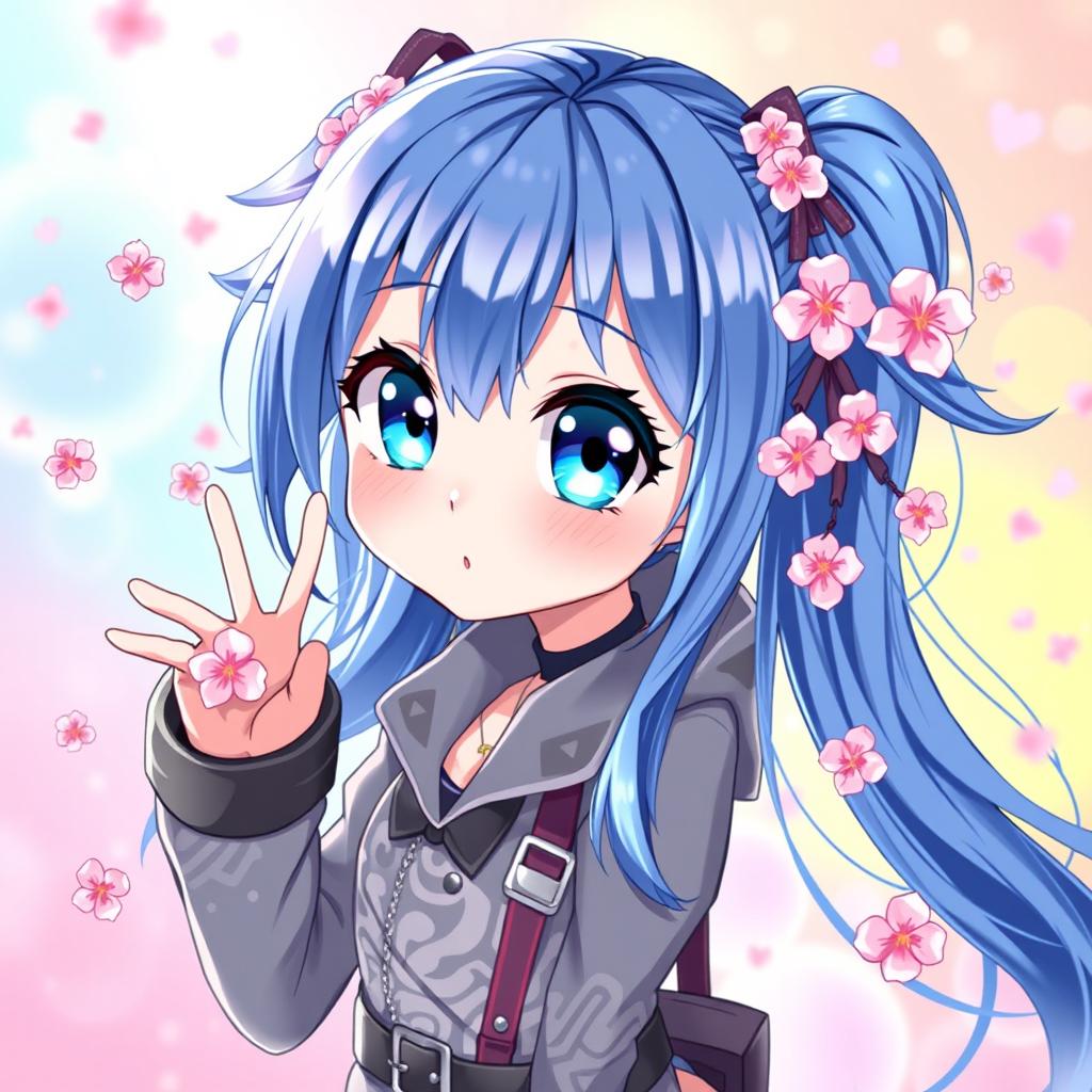 A vibrant digital art piece featuring a blue-haired anime girl with large expressive eyes, showcasing her in a dynamic pose