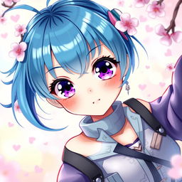 A vibrant digital art piece featuring a blue-haired anime girl with large expressive eyes, showcasing her in a dynamic pose