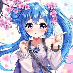 A vibrant digital art piece featuring a blue-haired anime girl with large expressive eyes, showcasing her in a dynamic pose