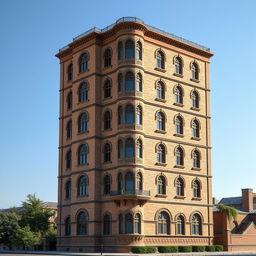 A depiction of a ten-story residential high-rise building, 20 meters wide, constructed from brick in the architectural style of the Qajar period in Iran