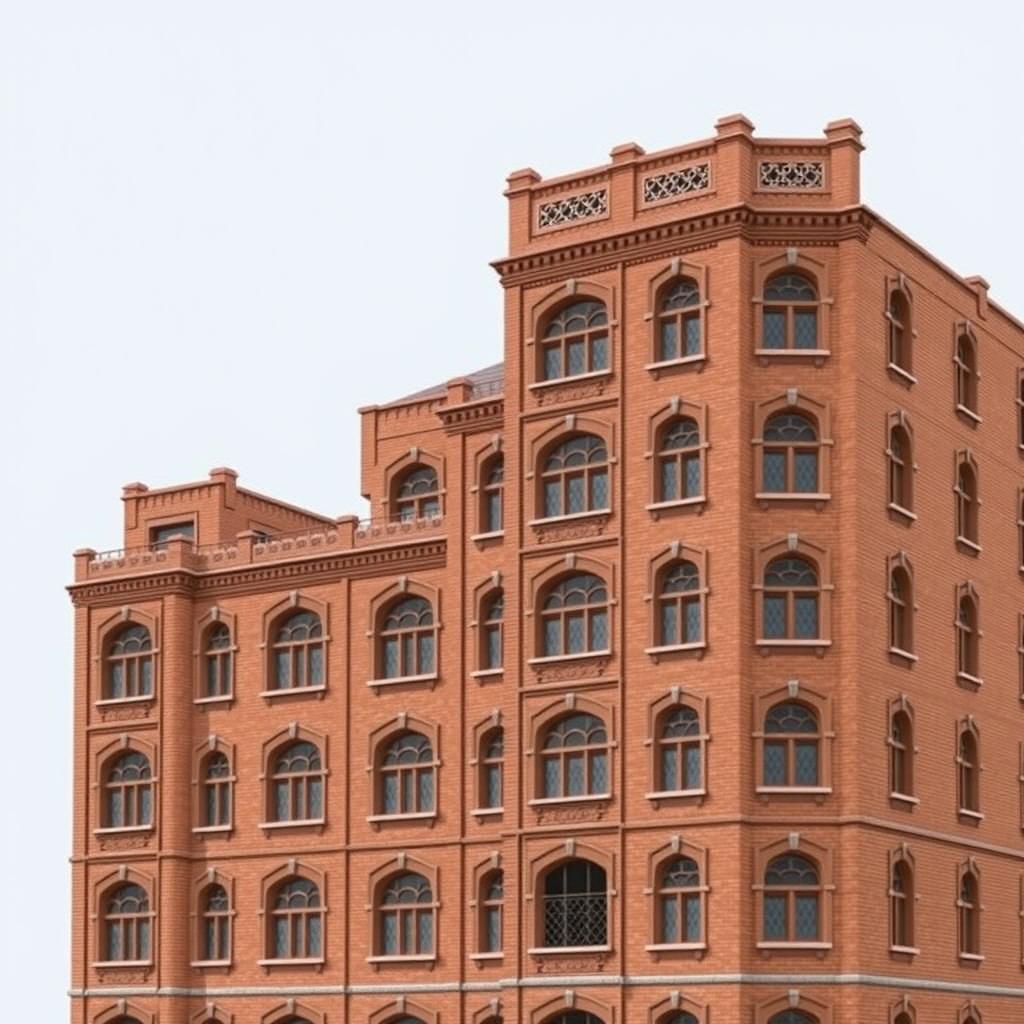 A depiction of a ten-story residential high-rise building, 20 meters wide, constructed from brick in the architectural style of the Qajar period in Iran