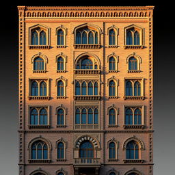 A depiction of a ten-story residential high-rise building, 20 meters wide, constructed from brick in the architectural style of the Qajar period in Iran