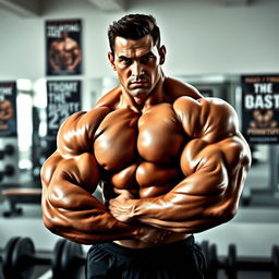 A powerful and muscular bodybuilder posing confidently in a bright gym setting, showcasing impressive biceps and a well-defined physique