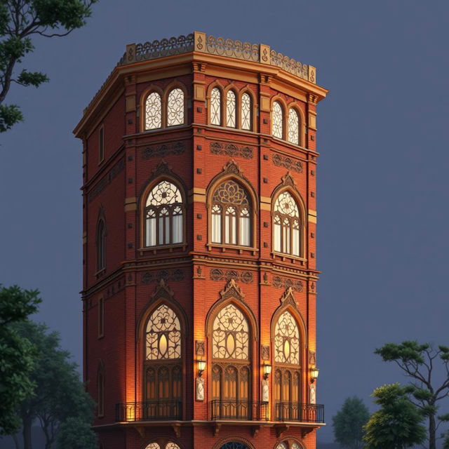 A detailed illustration of a ten-story residential tower, 20 meters wide, designed in the Iranian architectural style of the Qajar era, featuring brick materials