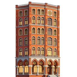 A detailed illustration of a ten-story residential tower, 20 meters wide, designed in the Iranian architectural style of the Qajar era, featuring brick materials