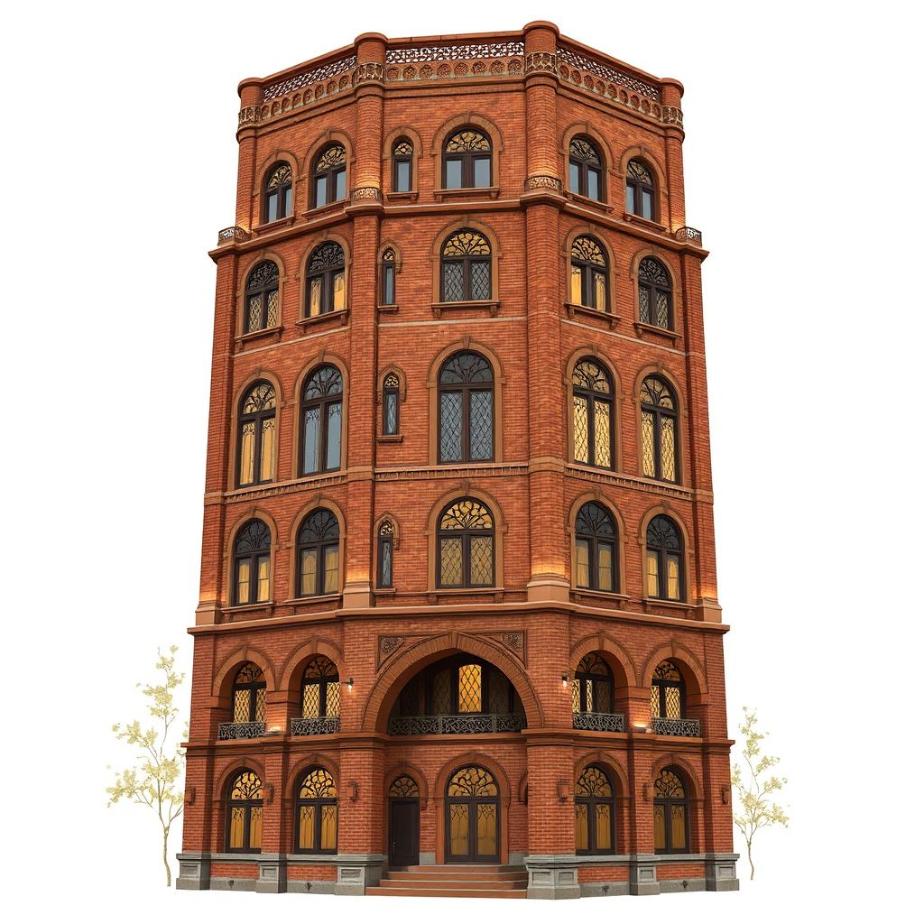 A detailed illustration of a ten-story residential tower, 20 meters wide, designed in the Iranian architectural style of the Qajar era, featuring brick materials