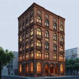 A detailed illustration of a ten-story residential tower, 20 meters wide, designed in the Iranian architectural style of the Qajar era, featuring brick materials