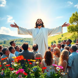 A serene and uplifting scene depicting Jesus with outstretched arms, surrounded by a diverse group of people