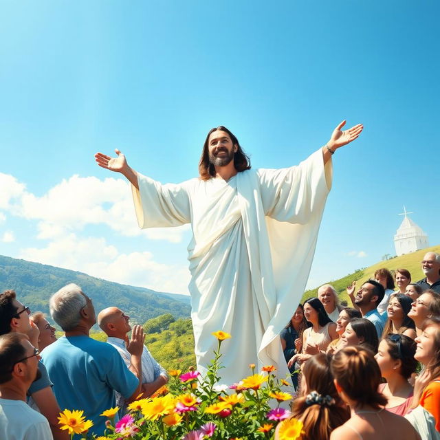 A serene and uplifting scene depicting Jesus with outstretched arms, surrounded by a diverse group of people