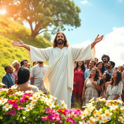 A serene and uplifting scene depicting Jesus with outstretched arms, surrounded by a diverse group of people