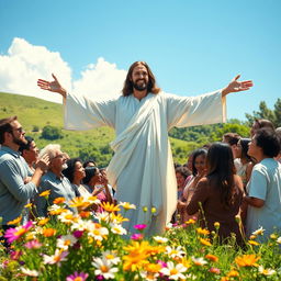 A serene and uplifting scene depicting Jesus with outstretched arms, surrounded by a diverse group of people