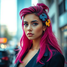 A stylish young woman with striking features and vibrant, flowing hair, showcasing the addition of the Python logo elegantly styled as a hair accessory
