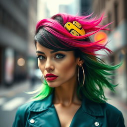 A stylish young woman with striking features and vibrant, flowing hair, showcasing the addition of the Python logo elegantly styled as a hair accessory