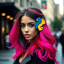 A stylish young woman with striking features and vibrant, flowing hair, showcasing the addition of the Python logo elegantly styled as a hair accessory
