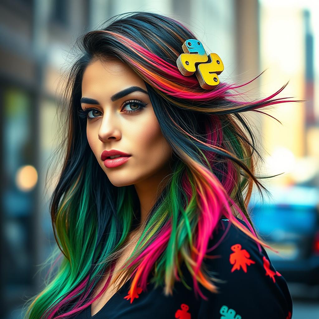 A stylish young woman with striking features and vibrant, flowing hair, showcasing the addition of the Python logo elegantly styled as a hair accessory