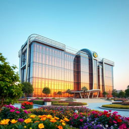 A detailed, futuristic 3D building with intricate architectural features, showcasing a stunning facade made of glass and steel