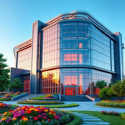 A detailed, futuristic 3D building with intricate architectural features, showcasing a stunning facade made of glass and steel