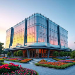 A detailed, futuristic 3D building with intricate architectural features, showcasing a stunning facade made of glass and steel