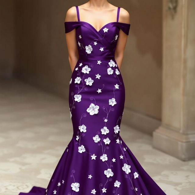 An elegant mermaid-style dress in a rich shade of purple that hugs the curves and flares out dramatically at the knees