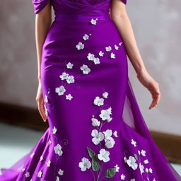 An elegant mermaid-style dress in a rich shade of purple that hugs the curves and flares out dramatically at the knees
