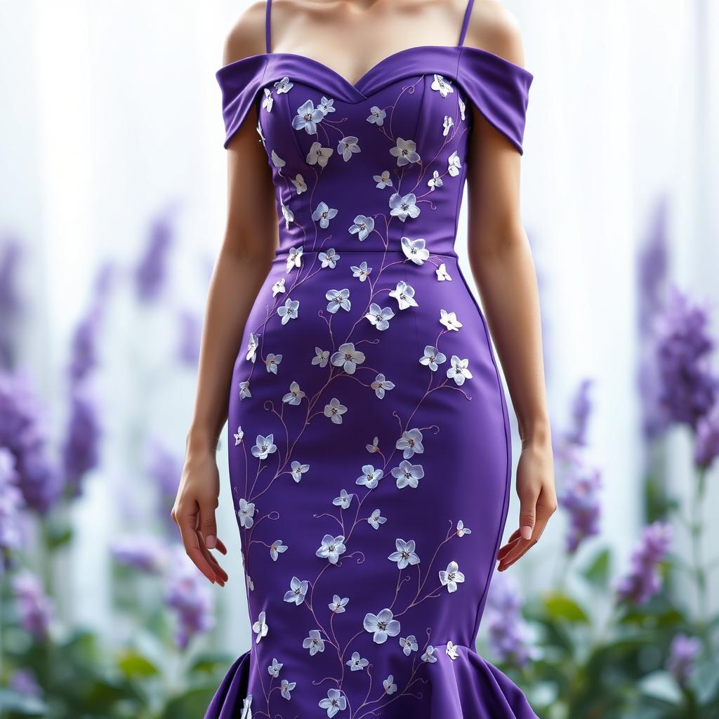 An elegant mermaid-style dress in a rich shade of purple that hugs the curves and flares out dramatically at the knees