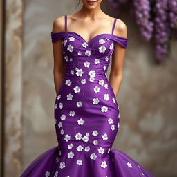 An elegant mermaid-style dress in a rich shade of purple that hugs the curves and flares out dramatically at the knees