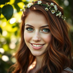 A stunning close-up portrait of a beautiful woman with long wavy chestnut hair, wearing a delicate floral crown