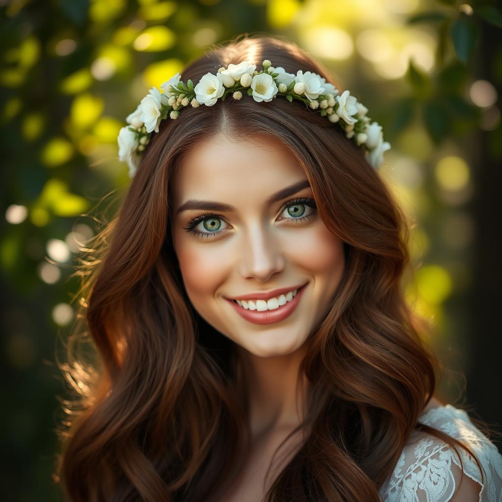 A stunning close-up portrait of a beautiful woman with long wavy chestnut hair, wearing a delicate floral crown