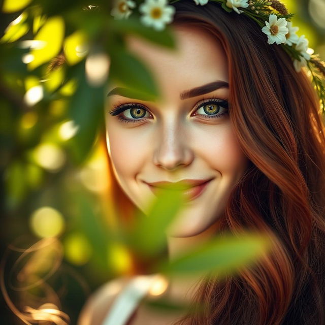 A stunning close-up portrait of a beautiful woman with long wavy chestnut hair, wearing a delicate floral crown