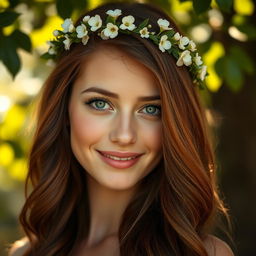 A stunning close-up portrait of a beautiful woman with long wavy chestnut hair, wearing a delicate floral crown