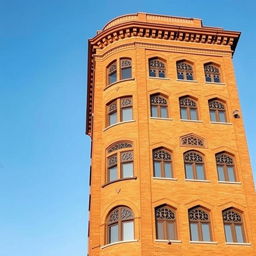 A view of a 10-story residential tower, 20 meters wide, constructed with brick in the architectural style of the Qajar era of Iranian architecture