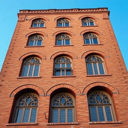 A view of a 10-story residential tower, 20 meters wide, constructed with brick in the architectural style of the Qajar era of Iranian architecture