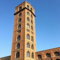A view of a 10-story residential tower, 20 meters wide, constructed with brick in the architectural style of the Qajar era of Iranian architecture
