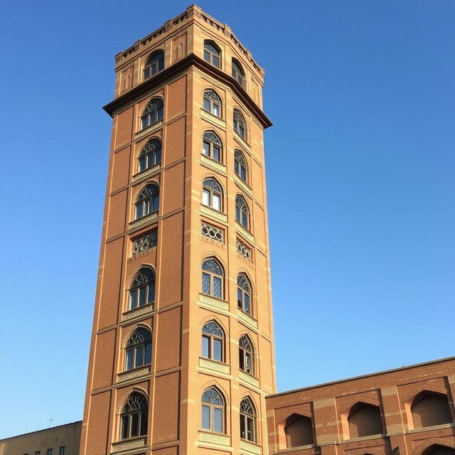 A view of a 10-story residential tower, 20 meters wide, constructed with brick in the architectural style of the Qajar era of Iranian architecture