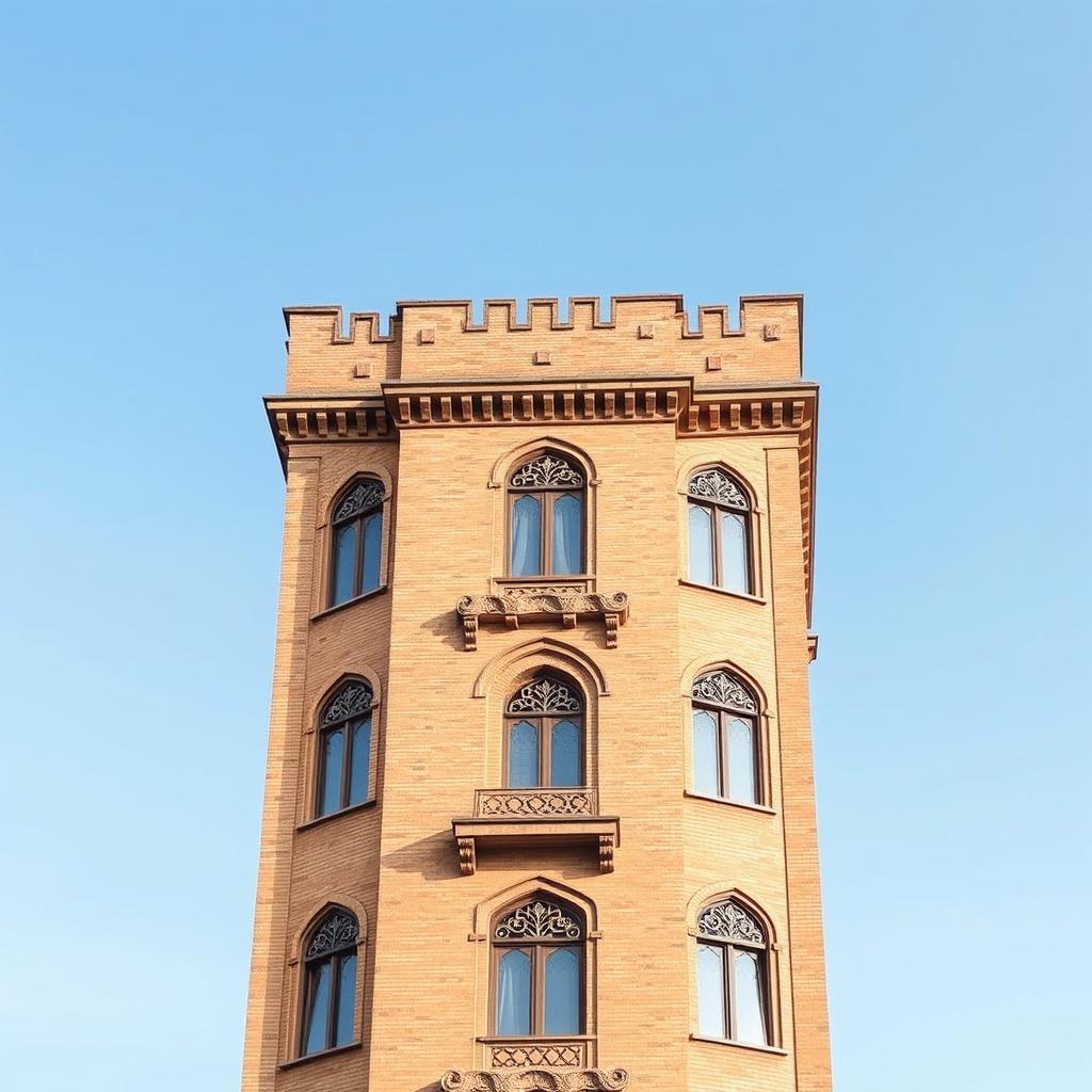 A view of a 10-story residential tower, 20 meters wide, constructed with brick in the architectural style of the Qajar era of Iranian architecture