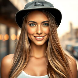 A portrait of an incredibly beautiful woman wearing a stylish cap