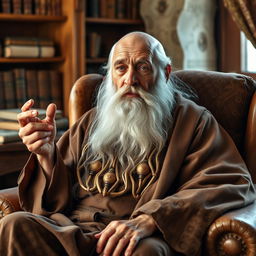 A wise, bearded old man with a long, flowing white beard and deep-set, wrinkled eyes