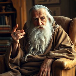 A wise, bearded old man with a long, flowing white beard and deep-set, wrinkled eyes