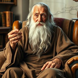 A wise, bearded old man with a long, flowing white beard and deep-set, wrinkled eyes