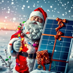 A joyful Santa Claus surrounded by colorful lights and festive decorations draped around his jolly figure