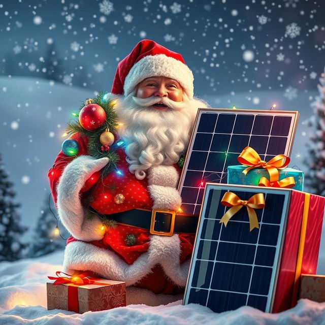 A joyful Santa Claus surrounded by colorful lights and festive decorations draped around his jolly figure