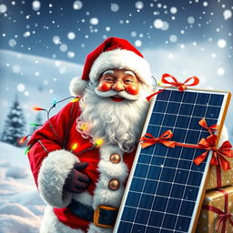 A joyful Santa Claus surrounded by colorful lights and festive decorations draped around his jolly figure