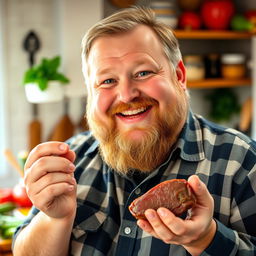 A chubby white man with a beard, smiling joyfully while holding a piece of liver in his hand